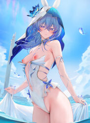 1girl adapted_costume armlet armpit_crease bare_shoulders blue_butterfly blue_hair blue_nails blue_sky blue_veil blush breasts bug butterfly center_opening closed_mouth colored_eyelashes commentary cowboy_shot day hair_between_eyes highleg highleg_leotard highres insect jewelry leotard long_hair looking_at_viewer nail_polish navel nipples outdoors paid_reward_available purple_eyes ru_zhai shorekeeper_(wuthering_waves) sky small_breasts solo stomach strapless strapless_leotard symbol-only_commentary two-tone_veil veil wading wet white_leotard white_veil wind wuthering_waves