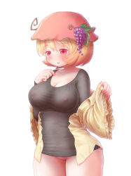1girl aki_minoriko arinu black_shirt blonde_hair blush breasts cleavage covered_erect_nipples female_focus food frilled_sleeves frills fruit grapes hand_on_own_chest hat highres large_breasts long_sleeves looking_away looking_down no_bra off_shoulder open_clothes panties pantyshot pink_panties red_eyes red_hat shirt short_hair simple_background solo standing thighs touhou underwear white_background wide_sleeves