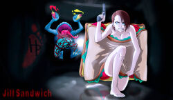 Rule 34 | 1girl, angry, bare legs, blue eyes, bread, bread slice, breasts, brown hair, capcom, chasing, cheese, cleavage, clenched teeth, convenient censoring, food, frog, gun, hinca-p, hungry, hunter gamma, imminent vore, jill sandwich (meme), jill valentine, ketchup, ketchup bottle, lettuce, monster, mustard, mustard bottle, predator and prey, resident evil, sandwich, short hair, signature, teeth, tomato, tomato slice, weapon, you gonna get eaten