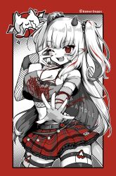 1girl belt blush breasts cillia cleavage commission copyright_notice cropped_shirt crying demon_girl demon_horns diamond-shaped_pupils diamond_(shape) frilled_skirt frills gamer_supps heart heart_o-ring highres horns indie_virtual_youtuber long_hair lucy_pyre o-ring off-shoulder_shirt off_shoulder official_art one_eye_closed open_mouth partially_colored plaid_clothes plaid_skirt pointy_ears red_eyes red_nails sample_watermark shirt skirt spikes streaming_tears symbol-shaped_pupils tears thigh_strap two_side_up virtual_youtuber watermark