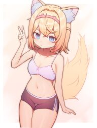 1girl alternate_costume animal_ear_fluff animal_ears black_shorts blonde_hair blue_eyes breasts cleavage crop_top dog_ears dog_girl dog_tail highres hololive hololive_english mococo_abyssgard multicolored_hair navel pink_hair short_hair shorts small_breasts streaked_hair szuukie tail v virtual_youtuber