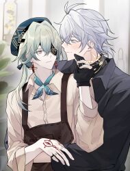 2boys absurdres anaxa_(honkai:_star_rail) anaxa_(ingenuity)_(honkai:_star_rail) antenna_hair apron black_gloves black_shirt blue_eyes blue_hat blue_neckerchief blush buttons closed_mouth collared_shirt earrings eyepatch gem gloves grey_hair hat highres honkai:_star_rail honkai_(series) hug jewelry male_focus medium_hair multiple_boys neck_tattoo neckerchief official_alternate_costume one_eye_covered partially_fingerless_gloves phainon_(fashion)_(honkai:_star_rail) phainon_(honkai:_star_rail) pink_eyes pink_pupils pnaaix profile red_apron red_gemstone red_tattoo shirt short_hair side_ponytail smile tattoo yaoi yellow_shirt