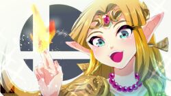 1girl armor artist_logo bead_necklace beads blonde_hair chichi_band commentary_request earrings fire gem green_eyes hand_up jewelry logo long_hair necklace nintendo open_mouth pointy_ears portrait princess princess_zelda pyrokinesis red_gemstone shoulder_armor smile solo sparkle super_smash_bros. super_smash_bros._logo teeth the_legend_of_zelda the_legend_of_zelda:_a_link_between_worlds tiara triforce upper_teeth_only white_background