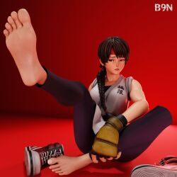 1girl absurdres b9n b9n_labs barefoot braid braided_ponytail breasts brown_eyes brown_hair dougi feet female_focus foot_focus gloves headband highres karate_gi large_breasts leg_up long_hair pale_skin pants ponytail shoes sitting sneakers the_king_of_fighters thick_thighs thighs undressing unworn_shoes wide_hips yoga_pants yuri_sakazaki