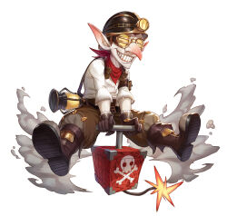 Rule 34 | 1boy, absurdres, bandana, big nose, black boots, boots, brown gloves, brown hair, brown overalls, brown pants, claws, commentary, detonator, english commentary, full body, fuse, gloves, goblin, goggles, grin, headlamp, highres, king&#039;s raid, lagna, lakrak (king&#039;s raid), lantern, large ears, lit fuse, mining helmet, official alternate costume, official art, open mouth, overalls, pants, pants tucked in, pointy ears, red bandana, shirt, short hair, skull and crossbones, smile, smoke, solo, torn clothes, torn sleeves, white shirt