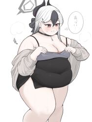 Rule 34 | 1girl, 7sufyfhysfsdkn0, alternate body size, belly, black choker, black dress, black hair, blue archive, blush, breasts, brown eyes, cardigan, choker, cleavage, covered navel, dress, earrings, fat, fat woman, grey cardigan, hair behind ear, hair between eyes, halo, horns, jewelry, kayoko (blue archive), kayoko (dress) (blue archive), large breasts, long hair, looking down, multicolored hair, obese, off shoulder, official alternate costume, simple background, solo, speech bubble, streaked hair, thought bubble, undersized clothes, white background, white hair
