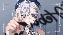 1girl animal_hair_ornament animated animated_gif bare_shoulders blue_eyes blue_hat blue_nails blue_streaks clothing_cutout drawing_on_fourth_wall giso_00 hair_ornament hair_over_one_eye hat hebi_(vtuber) indie_virtual_youtuber looking_at_viewer multicolored_hair ribbon shoulder_cutout snake_hair_ornament solo streaked_hair viewfinder virtual_youtuber white_hair winking_(animated) writing