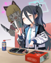 2girls absurdres anger_vein animal_ear_headphones animal_ears aris_(blue_archive) black_hair blonde_hair blue_archive blue_halo blush brand_name_imitation cat_ear_headphones closed_eyes closed_mouth commentary death_momoi_(meme) eating english_commentary fake_animal_ears fork hair_between_eyes halo headphones highres holding holding_fork holding_knife homuri_(homuri_) jacket kitchen_knife knife korean_commentary long_hair long_sleeves looking_at_another meme mixed-language_commentary momoi_(blue_archive) multiple_girls necktie nintendo_switch_2 open_clothes open_jacket open_mouth pink_halo plate shirt side_ponytail sitting smile standing wd-40