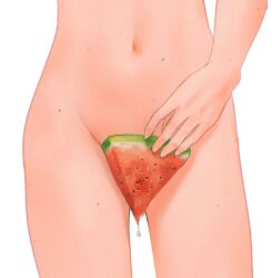 Rule 34 | 1girl, close-up, completely nude, convenient censoring, food, fruit, highres, holding, holding food, holding fruit, holding watermelon, multiple moles, navel, nude, original, simple background, solo, spindle (aidenr0), watermelon, watermelon slice, white background
