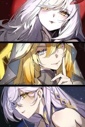 3girls bare_shoulders blonde_hair braid breasts commentary cowlick english_commentary expressionless eye_hair_ornament eye_symbol genshin_impact hair_between_eyes heterochromia highres hood istaroth_(genshin_impact) long_hair looking_at_viewer mihan_(mihan_art) multiple_girls rhinedottir_(genshin_impact) ronova_(genshin_impact) side_ahoge smile star_(symbol) symbol-shaped_pupils veil white_hair white_veil yellow_eyes