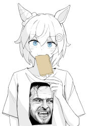 Rule 34 | 1boy, 1girl, :3, animal ears, blue eyes, closed mouth, commentary request, ear covers, eating, food, greyscale, hair between eyes, hair ornament, hairclip, here&#039;s johnny! (meme), highres, holding, holding food, holding popsicle, horse ears, horse girl, jack torrance, looking at viewer, meme, miya nns35, monochrome, open mouth, popsicle, print shirt, seiun sky (umamusume), shirt, short hair, short sleeves, simple background, single ear cover, spot color, teeth, the shining, umamusume, white background