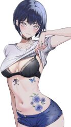 10_plus 1girl barbell_piercing bird_tattoo black_choker blue_hair bra breasts choker closed_mouth clothes_lift commentary_request cowboy_shot ear_piercing eyelashes finger_tattoo flower_tattoo highres industrial_piercing lifting_own_clothes looking_at_viewer medium_breasts neck_tattoo original piercing shirt shirt_lift short_hair shorts simple_background solo standing stomach stomach_tattoo t-shirt tattoo underwear white_background