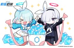 &gt;_&lt; 2girls absurdres aqua_hair arona_(blue_archive) black_coat black_pantyhose black_sailor_collar black_shoes black_skirt blue_archive blush box braid chibi closed_eyes coat commentary_request copyright_name grey_hair hair_over_one_eye hairband halo highres kurihara_sakura logo long_hair long_sleeves multicolored_hair multiple_girls neckerchief no_mouth official_art open_clothes open_coat open_mouth pantyhose pink_hair plana_(blue_archive) pleated_skirt pyroxene_(blue_archive) sailor_collar school_uniform serafuku shoes short_hair shorts side_braid simple_background skirt sparkle standing very_long_hair white_background white_sailor_collar white_shorts white_skirt