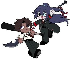 Rule 34 | 2boys, aqua eyes, arm up, baseball bat, belt, black belt, black coat, black eyes, black pants, black shoes, black vest, blue hair, brown hair, chibi, clenched hand, closed mouth, coat, collared shirt, full body, guan dao, half updo, heathcliff (project moon), heterochromia, holding, holding baseball bat, holding polearm, holding weapon, hong lu (project moon), kekeken, lapels, limbus company, long hair, looking to the side, multiple boys, necktie, notched lapels, open mouth, pants, parted bangs, polearm, project moon, purple eyes, red necktie, shirt, shoes, smile, very long hair, vest, weapon, white shirt