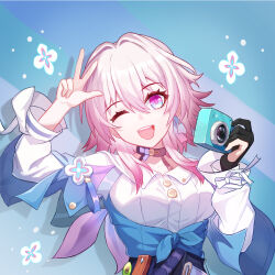 1girl ;d absurdres acorn archery_shooting_glove badge black_choker black_corset black_gloves blue_eyes blue_jacket breasts button_badge buttons camera chinese_commentary choker collarbone corset earrings flower_ornament gloves hair_between_eyes hair_intakes hands_up head_tilt highres holding holding_camera honkai:_star_rail honkai_(series) jacket jewelry long_sleeves looking_at_viewer march_7th_(honkai:_star_rail) march_7th_(preservation)_(honkai:_star_rail) medium_breasts medium_hair multicolored_eyes one_eye_closed open_mouth partially_fingerless_gloves pink_eyes pink_hair shirt single_earring single_glove smile solo teeth tied_jacket two-tone_eyes upper_body upper_teeth_only w white_shirt yun_shou