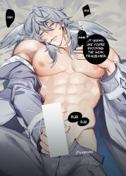 1boy abs censored earrings english_text eriimyon grey_hair grey_pants grey_shirt hair_between_eyes head_wings highres honkai:_star_rail honkai_(series) jewelry long_hair long_sleeves male_focus muscular muscular_male navel nipples pants pubic_hair pubic_hair_peek shirt smile stomach sunday_(honkai:_star_rail) sunday_(sacerdos&#039;_relived_ordeal)_(honkai:_star_rail) wings yellow_eyes