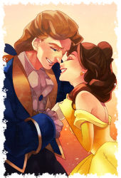 1boy 1girl bare_shoulders beast_(disney) beauty_and_the_beast belle_(disney) blue_eyes brown_hair disney dress earrings elbow_gloves closed_eyes gloves highres humanization jewelry lipstick makeup md5_mismatch personification prince_adam red_lips smile u-min white_gloves yellow_dress yellow_gloves