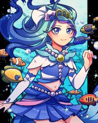 1girl 1jumangoku asymmetrical_skirt blue_collar blue_eyes blue_hair blue_shirt blue_skirt braid bubble closed_mouth clownfish collar commentary coral cowboy_shot cure_mermaid eel fish floating_hair go!_princess_precure gold_headwear gradient_hair hand_up kaidou_minami light_blush long_hair long_skirt looking_at_viewer magical_girl midriff multicolored_hair navel outside_border pillarboxed precure purple_hair shell_hair_ornament shirt short_sleeves single_braid skirt smile solo star_(symbol) streaked_hair thighs tiara underwater veil white_arm_warmers white_sleeves white_veil
