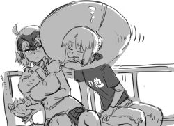 2girls :d ahoge artoria_pendragon_(fate) bench blush braid closed_eyes closed_mouth club3 diadem eating fate/grand_order fate_(series) feeding food greyscale hair_bun holding jeanne_d&#039;arc_(fate) jeanne_d&#039;arc_(ruler)_(fate) jeanne_d&#039;arc_alter_(avenger)_(fate) jeanne_d&#039;arc_alter_(fate) long_sleeves looking_at_another monochrome multiple_girls open_mouth outdoors pants parfait pet_cone saber_alter shirt short_hair short_sleeves shorts simple_background single_hair_bun sitting sketch smile spoon t-shirt white_background