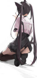 1girl absurdres animal_ears black_choker black_footwear black_nails brown_hair cat_ears choker clothes_lift from_behind highres kneehighs lifted_by_tail long_hair original panties shirt simple_background skirt skirt_lift socks solo suspender_skirt suspenders tail tail_wagging twintails underwear v watarumi white_background white_shirt
