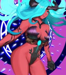 Rule 34 | 1girl, absurdres, armor, artist name, athart, black armor, black horns, blue eyes, blue hair, body markings, breasts, colored skin, gauntlets, granblue fantasy, granblue fantasy versus: rising, hair over one eye, highres, horns, long hair, red skin, revealing clothes, solo, versusia (granblue fantasy versus: rising)