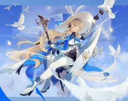 1girl absurdres arm_up black_bow black_collar black_gloves blonde_hair blue_eyes blue_gemstone blue_sash blue_sky boots bow collar commentary_request day flower full_body gem gloves hair_bow hair_ornament hat highres holding holding_staff long_hair midair outdoors pantyhose parted_lips phoebe_(wuthering_waves) pink_flower purple_flower revision sash shirt skirt sky solo staff striped_bow very_long_hair white_boots white_hat white_pantyhose white_shirt white_skirt white_sleeves wuthering_waves x_hair_ornament yeva