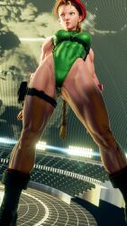 1girl 3d absurdres antenna_hair bare_shoulders blonde_hair blue_eyes boots braid breasts cammy_white covered_navel curvy gloves green_leotard hat highleg highleg_leotard highres kneeling leotard lips long_hair looking_away medium_breasts red_gloves red_hat ryona screencap shiny_clothes solo standing street_fighter street_fighter_v thighs third-party_edit thong_leotard twin_braids very_long_hair wide_hips