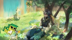 Rule 34 | 1boy, ?, absurdres, against tree, ahoge, ajaw (genshin impact), aqua pants, baggy pants, black gloves, black hair, black shirt, bracelet, checkered headband, chinese commentary, cliff, closed eyes, closed mouth, collared shirt, commentary request, crossed bangs, day, feet out of frame, flower, genshin impact, gloves, grass, green headband, hair between eyes, headband, high collar, highres, jewelry, kinich (genshin impact), light frown, light particles, male focus, meng qiao, outdoors, pants, shirt, short hair, short sleeves, sleeping, solo, sunlight, tree, under tree, water, waterfall, white flower, yumkasaurus (genshin impact), zipper, zipper pull tab