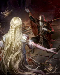 Rule 34 | 2boys, androgynous, ariamis arts, black cape, blonde hair, blood, blood on arm, blood on clothes, braid, cape, commentary, elden ring, elden ring: shadow of the erdtree, english commentary, helmet, highres, long hair, male focus, miquella (elden ring), multiple boys, multiple braids, on one knee, outstretched arms, polearm, scythe, sir ansbach, trident, very long hair, weapon