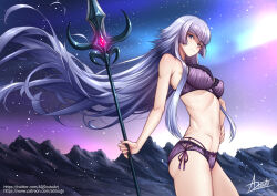 1girl adsouto aurora bra breasts hand_on_own_hip highres holding holding_polearm holding_weapon long_hair looking_at_viewer medium_breasts navel panties polaris_hilda polearm purple_eyes purple_hair saint_seiya signature solo spear standing underwear variant_set very_long_hair weapon wind wind_lift