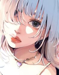 1girl blue_eyes chan_chikame closed_mouth earrings highres jewelry long_hair looking_at_viewer makeup necklace original solo white_hair