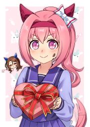 2girls :&gt; =_= absurdres animal_ears border box brown_hair chibi ear_covers flower_in_eye gift gift_box hairband haru_urara_(umamusume) heart-shaped_box highres holding holding_box holding_gift horse_ears horse_girl horse_tail king_halo_(umamusume) long_hair long_sleeves looking_at_viewer multiple_girls pink_hair pink_hairband pleated_skirt ponytail purple_eyes purple_serafuku purple_shirt purple_skirt ress_beep sailor_collar sailor_shirt school_uniform serafuku shirt skirt smile solo_focus symbol_in_eye tail tail_wagging tracen_school_uniform umamusume valentine white_border