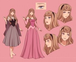 1girl aurora_(disney) blonde_hair character_name company_connection dress highres jewelry long_hair long_sleeves looking_at_viewer makeup mizala multiple_persona pink_dress simple_background sleeping_beauty_(disney) smile solo tiara
