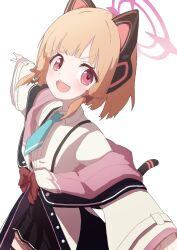 1girl airplane_arms animal_ear_headphones animal_ears aqua_necktie arms_up black_skirt black_thighhighs blonde_hair blue_archive blush bow buttons cat_ear_headphones cat_ears cat_tail collared_shirt commentary_request cowboy_shot dot_nose fake_animal_ears fake_tail frilled_skirt frills hair_bow halo headphones jacket long_sleeves looking_at_viewer looking_to_the_side low-tied_sidelocks meluwow momoi_(blue_archive) multicolored_jacket necktie off_shoulder open_mouth outstretched_arms partial_commentary pink_eyes pink_halo pink_jacket pleated_skirt red_bow school_uniform shirt short_hair sidelocks simple_background skirt smile solo spread_arms suspender_skirt suspenders tail teeth thighhighs three_quarter_view upper_teeth_only v-shaped_eyebrows white_background white_shirt wide_sleeves