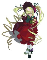 1girl blonde_hair bonnet closed_mouth dress green_eyes green_ribbon highres leiting_pili_niuniu long_hair neck_ribbon red_bonnet red_dress ribbon rozen_maiden shinku simple_background solo standing twintails very_long_hair white_background