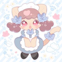 1girl animal_ears apron blue_bow blue_bowtie blue_dress blush bow bowtie brown_fur brown_hair cat_ears cat_girl cat_tail chibikemo classic_lolita commentary dress furry highres lolita_fashion looking_at_viewer low_twintails maid maid_apron maid_headdress noclo326 open_mouth original red_eyes solo sparkle symbol-only_commentary tail tail_bow tail_ornament twintails white_apron