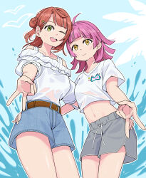 2girls ahoge belt blue_shorts blunt_bangs blunt_ends blush brown_belt closed_mouth commentary_request goldluck green_eyes grey_shorts gyaru_v hair_bun hair_ornament hairclip hand_on_another&#039;s_hip highres looking_at_viewer love_live! love_live!_nijigasaki_high_school_idol_club midriff multiple_girls navel one_eye_closed open_mouth pink_hair red_hair shirt short_sleeves shorts single_hair_bun smile standing swept_bangs tennoji_rina uehara_ayumu upper_body v wet white_shirt yellow_eyes