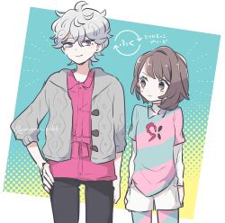 Rule 34 | 1boy, 1girl, bede (pokemon), black pants, border, brown eyes, brown hair, cardigan, closed mouth, collared shirt, commentary request, cosplay, costume switch, curly hair, gloria (pokemon), grey cardigan, grey hair, hand on own hip, highres, leggings, nintendo, open cardigan, open clothes, pants, pink shirt, pokemon, pokemon swsh, shinogo no, shirt, short hair, shorts, smile, translation request, two-tone background, undershirt, white border, white shorts