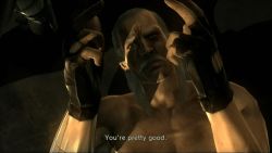 1boy 3d animated animated_gif anime_screenshot blood english_text facial_hair fingerless_gloves gloves grey_hair liquid_ocelot lowres lying male_focus metal_gear_(series) metal_gear_solid metal_gear_solid_4:_guns_of_the_patriots mustache old old_man revolver_ocelot solo subtitled topless_male upper_body