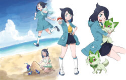 1girl absurdres beach black_hair black_shorts closed_mouth commentary_request cowlick hair_ornament hairclip happy highres holding holding_pokemon hood hood_down hooded_jacket jacket liko_(pokemon) marutimou multiple_views nintendo open_clothes open_jacket pokemon pokemon_(anime) pokemon_(creature) pokemon_horizons sand sand_sculpture shirt shoe_soles shoes shore shorts smile socks sprigatito swept_bangs swimsuit terapagos water white_shirt white_socks yellow_bag