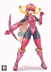Rule 34 | 1girl, absurdres, adapted costume, arm cannon, arrow (projectile), artist logo, black bodysuit, blonde hair, bodysuit, bow (weapon), clothes writing, green eyes, helmet, highres, leotard, logo, long hair, mar10, mega man (series), mega man battle network (series), netnavi, outstretched arm, pink headwear, pink leotard, red thighhighs, robot girl, roll.exe (mega man), simple background, smile, solo, thighhighs, weapon, white background