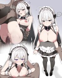 ... 1boy 1girl absurdres ahoge apron artist_request black_eyes black_thighhighs breasts breasts_out cleavage closed_mouth commission cum cum_in_mouth cum_in_pussy cum_overflow fellatio grey_hair highres holding_another&#039;s_wrist large_breasts long_hair looking_at_viewer multiple_views nipples open_mouth oral original paizuri purple_eyes second-party_source sex spoken_ellipsis thighhighs vaginal white_apron white_wrist_cuffs wrist_cuffs