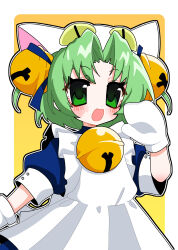 1girl :3 animal_hands animal_hat aoiuna apron bell blush cat_hat commentary_request dejiko di_gi_charat dress gloves green_eyes green_hair hair_bell hair_ornament hat highres looking_at_viewer maid neck_bell open_mouth outline parted_bangs paw_gloves short_hair short_sleeves smile solo two_side_up white_outline