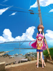 2girls :d ^_^ bare_arms bare_shoulders blue_pants blue_shirt blue_shorts brown_eyes brown_hair child closed_eyes closed_mouth cloud collared_shirt commentary_request cumulonimbus_cloud day facing_viewer floating_hair full_body gomasho_asuka hair_between_eyes hands_on_another&#039;s_arms happy highres hug hug_from_behind island katou_umi long_hair looking_at_viewer misaki_kyouko_(summer_pockets) multiple_girls ocean open_mouth orange_shirt outdoors pants photo_background pink_hair ponytail sandals shirt short_ponytail shorts sidelocks sleeveless sleeveless_shirt smile split_mouth standing summer_pockets tareme two_side_up utility_pole v_arms very_long_hair