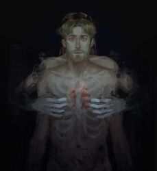 2boys beard behind_another black_background blonde_facial_hair blonde_hair blue_eyes brown_hair copyright_request eren_yeager facial_hair fine_art_parody fusssker heart highres male_focus multiple_boys navel nose nude parody parted_bangs ribs russian_commentary see-through_skin shingeki_no_kyojin short_hair upper_body very_short_hair zeke_yeager
