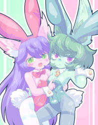 2girls alternate_costume animal_ears annoyed arm_around_waist asymmetrical_docking bags_under_eyes bare_shoulders bow bowtie breast_press breasts collar colored_skin detached_collar dot_nose eyebrows fake_animal_ears fake_tail fang feet_out_of_frame female_focus flat_chest green_background green_eyes green_leotard green_skin grey_pantyhose hand_on_another&#039;s_waist kayo!!_(gotoran) league_of_legends leotard long_hair looking_at_viewer lulu_(league_of_legends) multiple_girls naughty_face open_mouth pantyhose pink_background pink_skin playboy_bunny purple_eyes purple_hair rabbit_ears rabbit_tail red_bow red_bowtie red_leotard short_hair shortstack simple_background small_breasts smile standing strapless strapless_leotard tail two-tone_background vex_(league_of_legends) white_collar white_pantyhose wrist_cuffs yordle