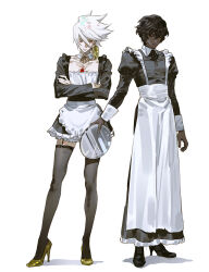 2boys alternate_costume apron arjuna_(fate) black_dress black_hair black_thighhighs blue_eyes brothers chest_jewel crossdressing crossed_arms dark-skinned_male dark_skin dress earrings enmaided fate/grand_order fate_(series) frilled_apron frills full_body garter_straps gy0zax2 hair_between_eyes highres jewelry juliet_sleeves karna_(fate) long_sleeves looking_at_viewer maid maid_apron male_focus male_maid multiple_boys puffy_sleeves short_hair siblings simple_background standing sweatdrop thighhighs white_apron white_background white_hair