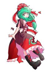 1girl arm_ribbon boots bow dairi defeat dress front_ponytail full_body green_eyes green_hair highres kagiyama_hina looking_at_viewer red_bow red_dress red_ribbon ribbon solo tachi-e torn_clothes touhou white_background