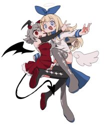 Rule 34 | 2girls, 303xymm, aiobahn, angel, angel wings, black wings, blonde hair, blue bow, blue eyes, boots, bow, demon girl, demon horns, demon tail, demon wings, dress, full body, grey footwear, grey hair, hair bow, halo, highres, horns, leg up, long hair, long sleeves, low wings, medium hair, multiple girls, one eye closed, open mouth, red eyes, side slit, sidelocks, simple background, smile, tail, tententengokujigokugoku (aiobahn), thigh boots, very long hair, white background, white dress, wings