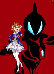 1boy 1girl alien artist_request black_footwear blue_eyes blush bow bowtie breasts color_timer crossover dress flower geed_riser giant hair_flower hair_ornament hair_ribbon hand_on_own_hip highres holding long_sleeves looking_at_viewer love_live! love_live!_sunshine!! open_mouth orange_hair purple_dress purple_neckwear red_background red_eyes ribbon shoes short_hair silhouette small_breasts smile standing takami_chika teeth thighhighs ultra_series ultraman_geed ultraman_geed_(series) white_thighhighs